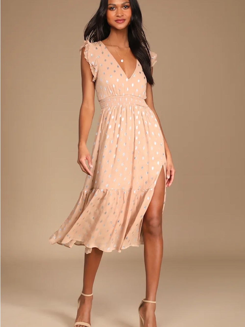 Lulu’s Cause to Celebrate Peach Pink Silver Ruffle Tiered Midi Dress NWT XL - Picture 3 of 16